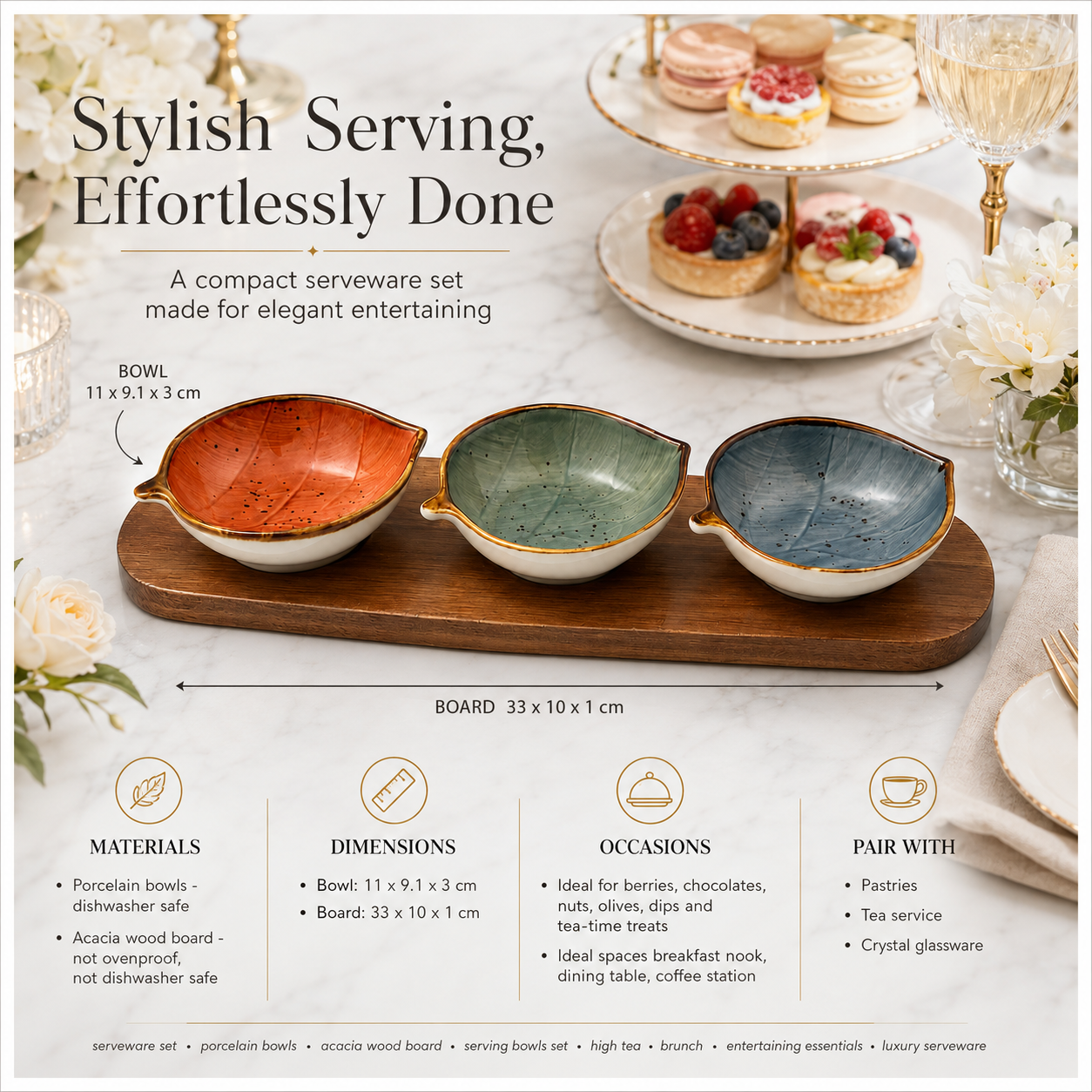 Elegant 4-Piece Leaf Bowl Serveware Bowls Set With Acacia Board - 33 cm
