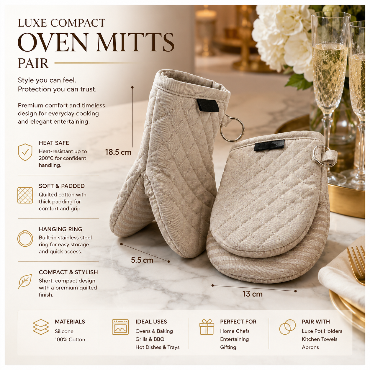 Quilted Compact Oven Mitt Set with Silicone Grip - Olive Brown