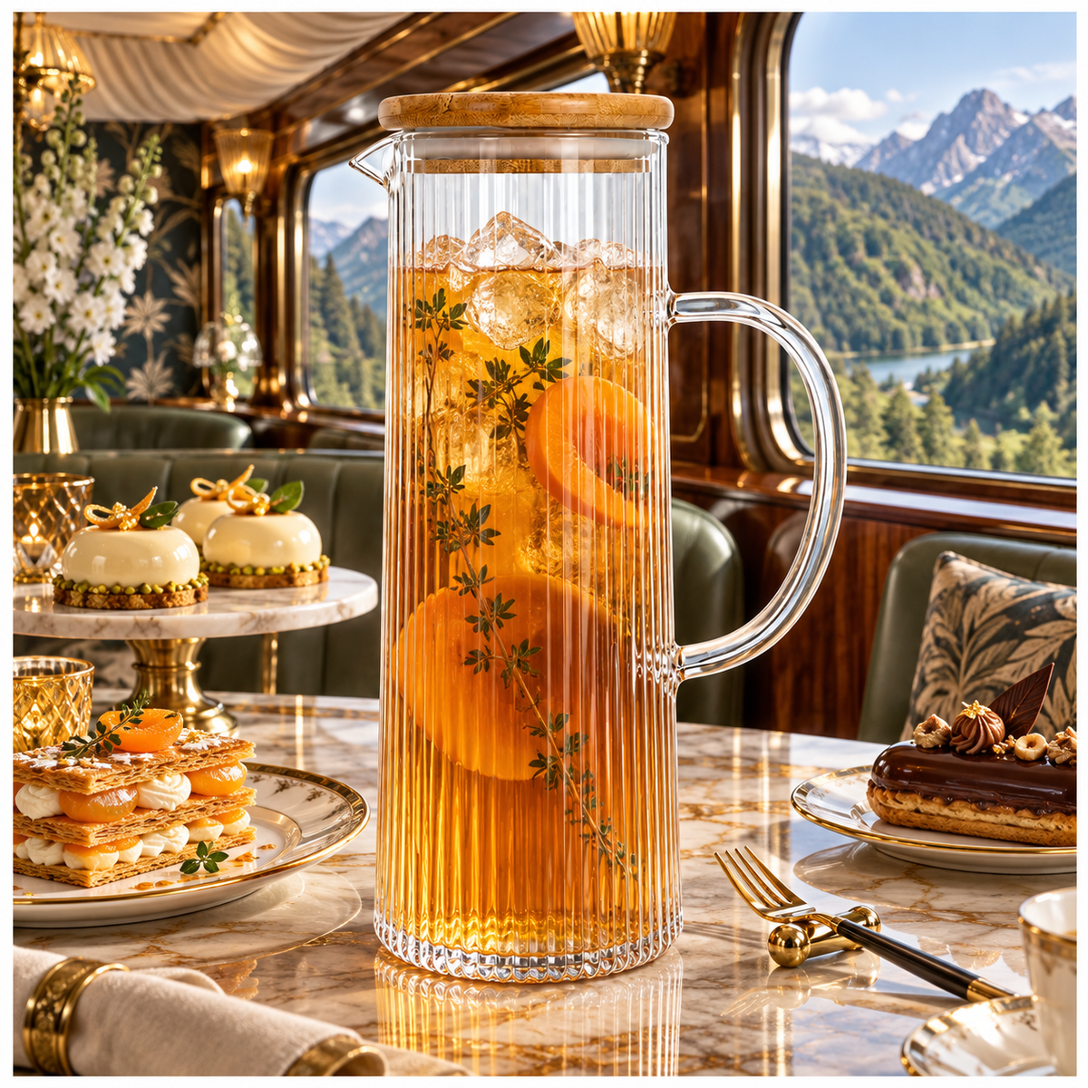 Elegant 1.2L Ribbed Crystal Glass Water Pitcher with Airtight Wooden Lid