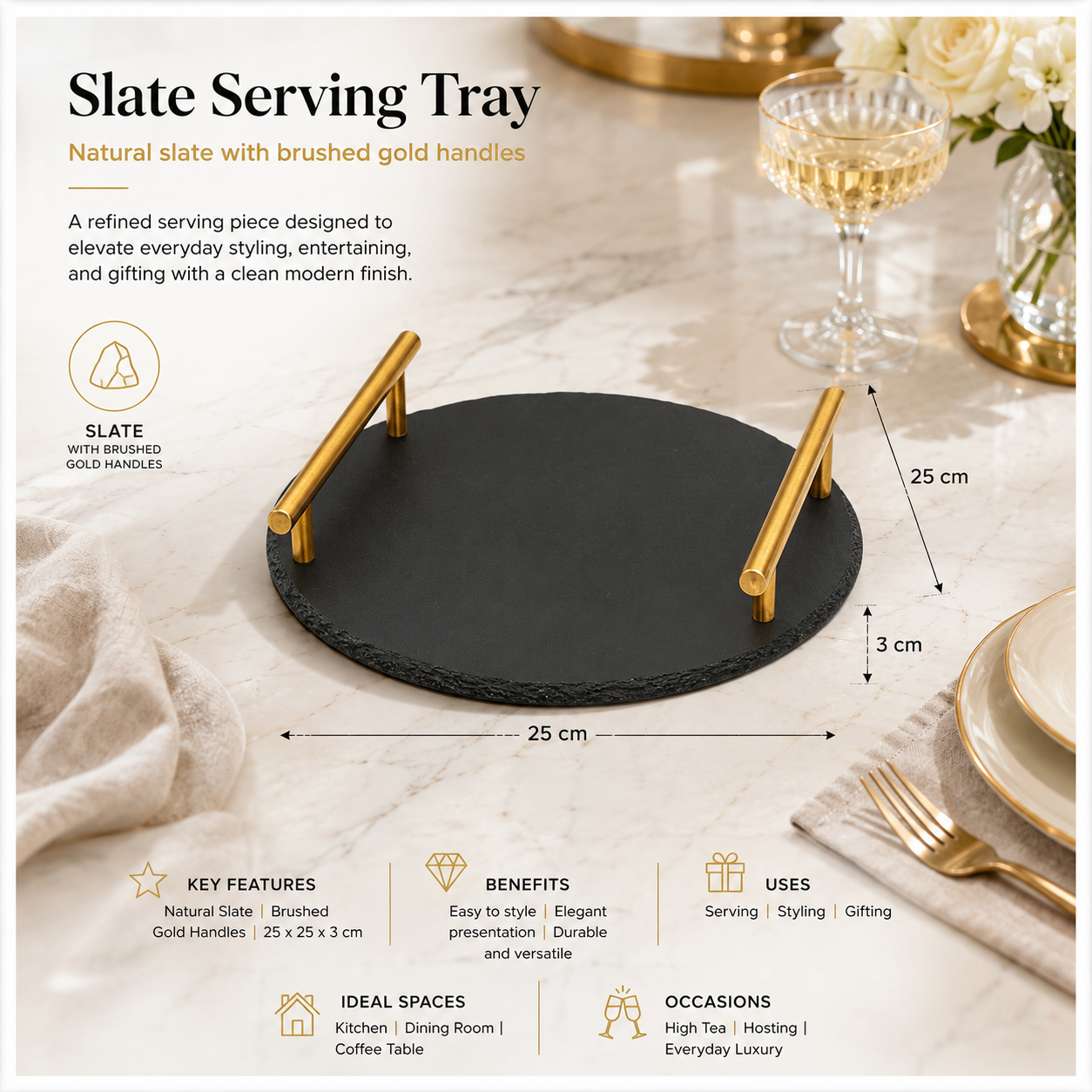 Midnight Slate Round Serving Tray With Metallic Gold Handles