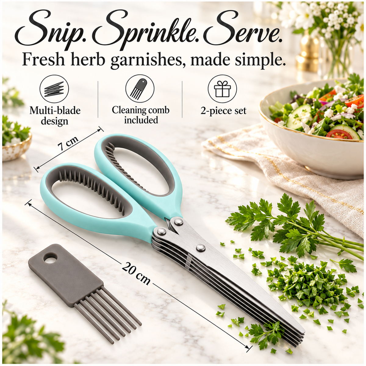 Multi-Blade Herb Scissors and Cleaning Comb Set-2 Piece ,Blue and Grey-20cm