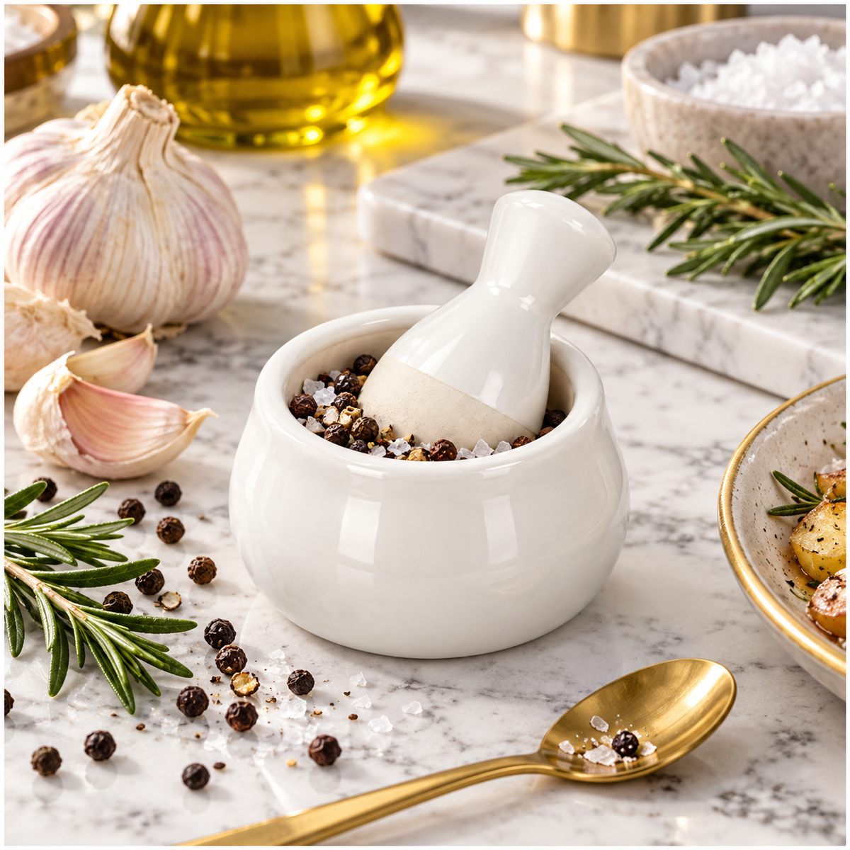 Mini Ceramic Mortar and Pestle Set - White Cream - Herb and Spice Grinder