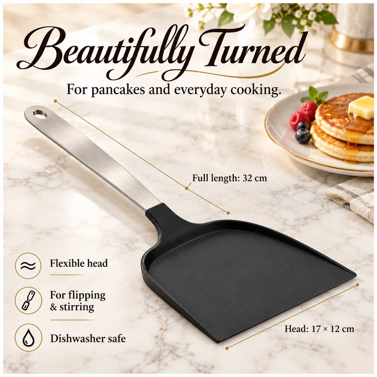 Wide Pancake Turner Spatula–Flexible Head and Stainless Steel Handle, 32 cm