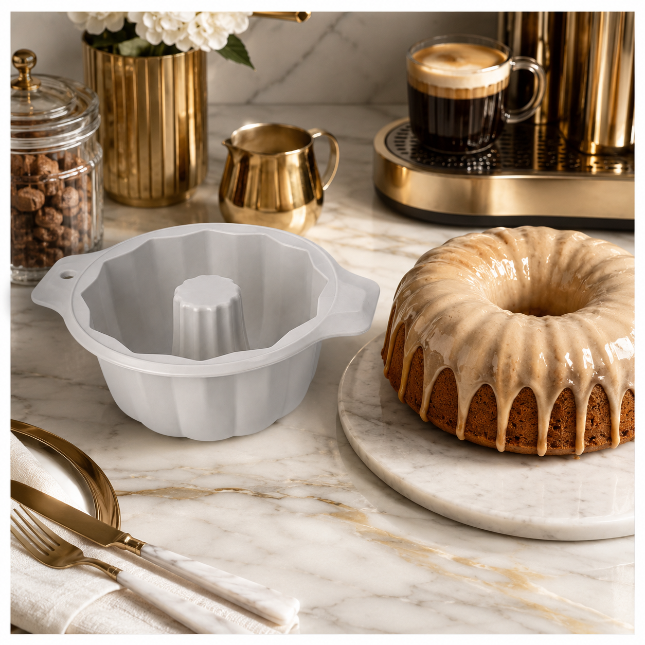 BPA Free Professional Silicone Cake Mould – Stone White Round Bundt Mould