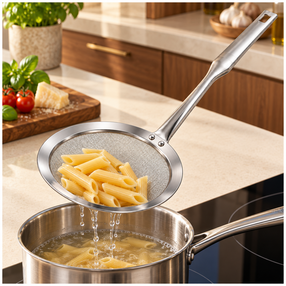 Stainless Steel Fine Mesh Strain Skimmer with Long Flat Handle – Silver