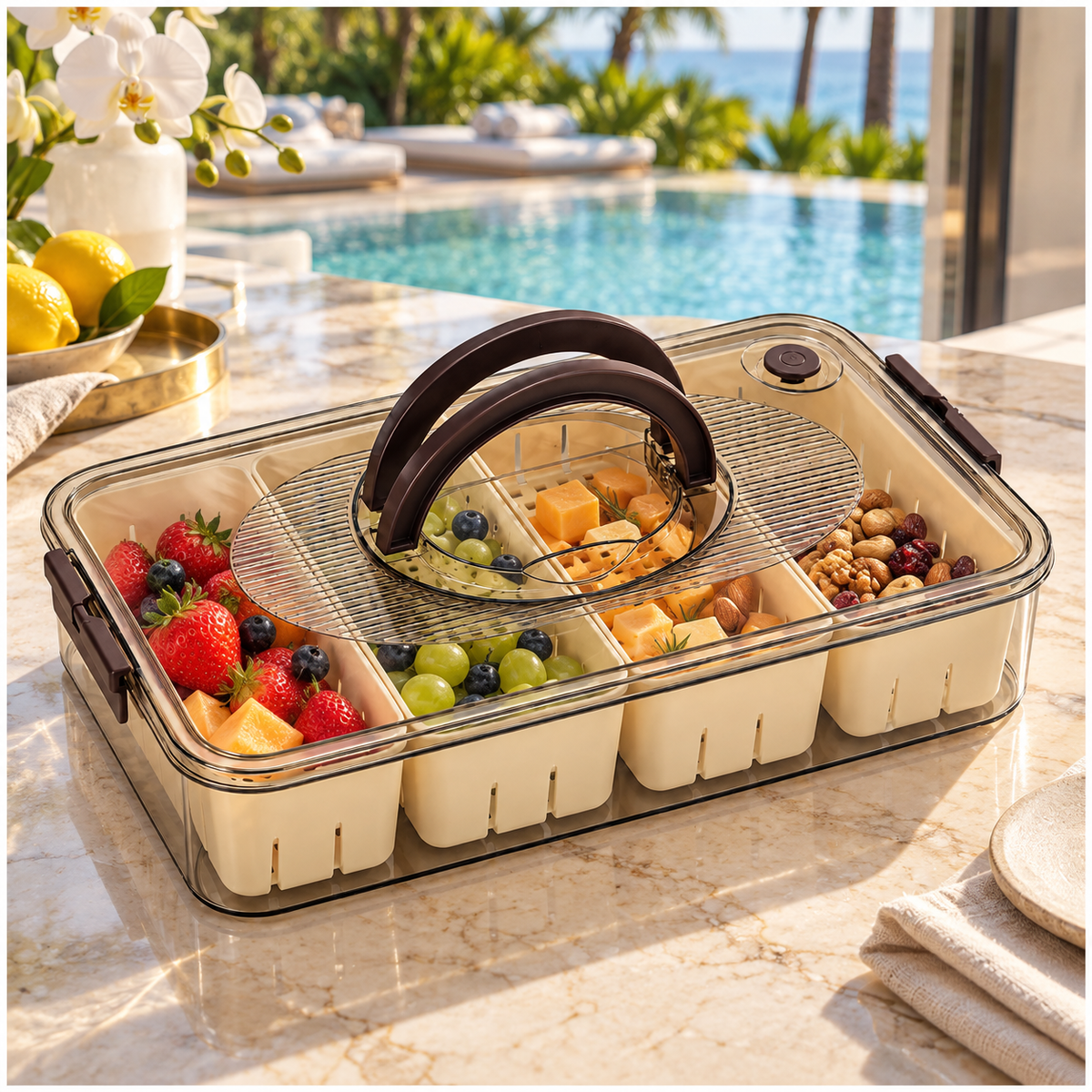 Portable 4-Compartment Snack Platter for Home, Picnics, Parties and Travel