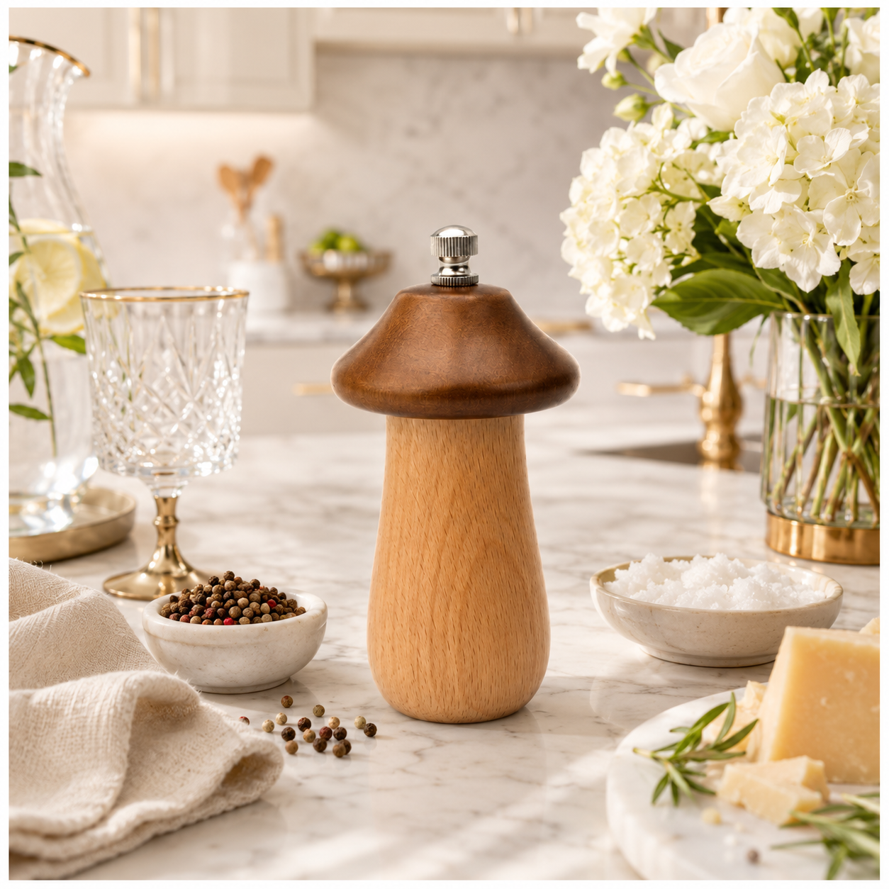 Natural Beech Wood Mushroom Pepper Mill with Adjustable Grind Control-12 cm