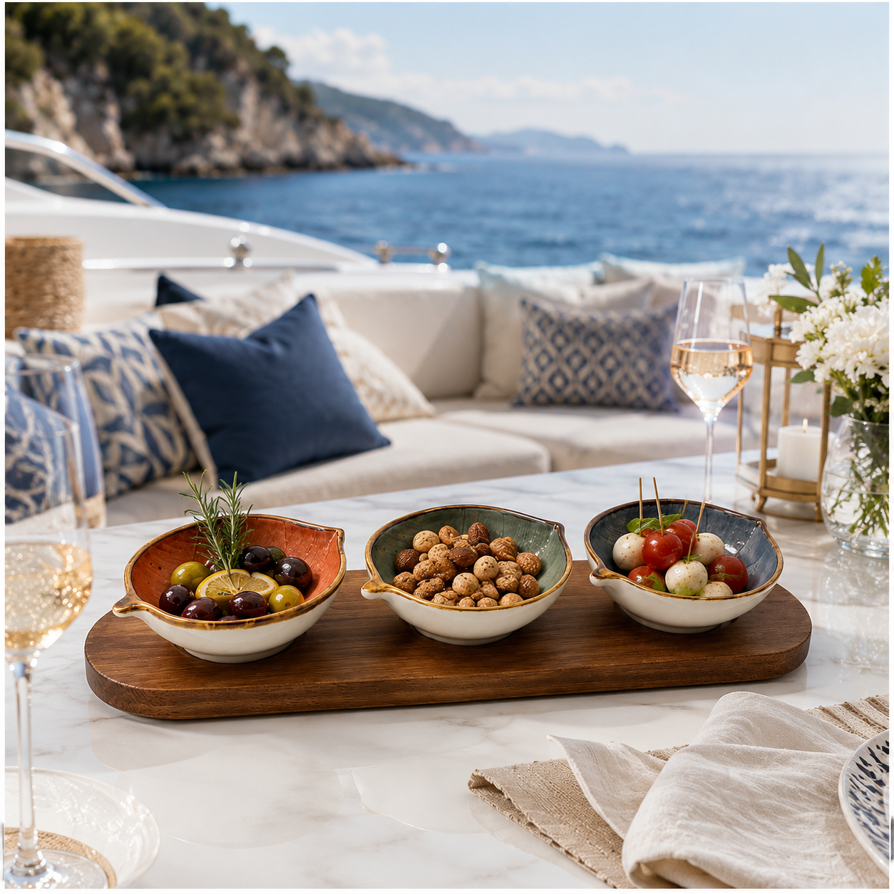 Elegant 4-Piece Leaf Bowl Serveware Bowls Set With Acacia Board - 33 cm