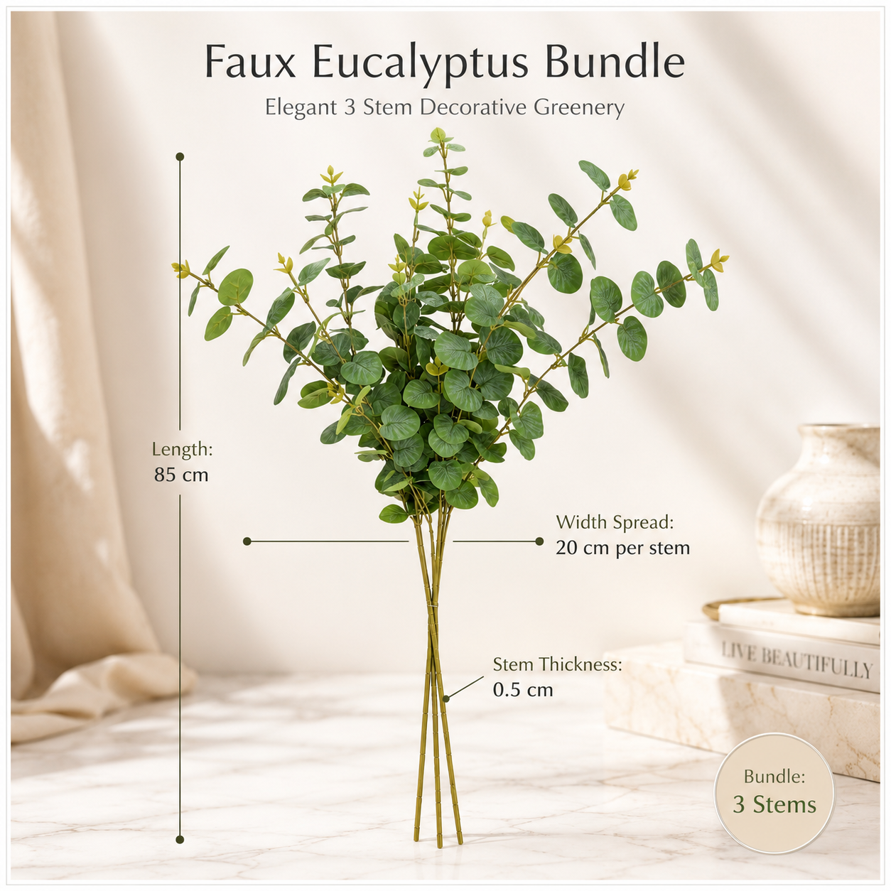 Stylish Modern Eucalyptus Stems Bundle – 3 Modern Decorative Stems - 85 cm