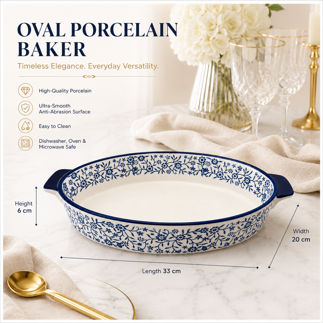 33cm Blue Floral Porcelain Oval Baking Dish with Handles