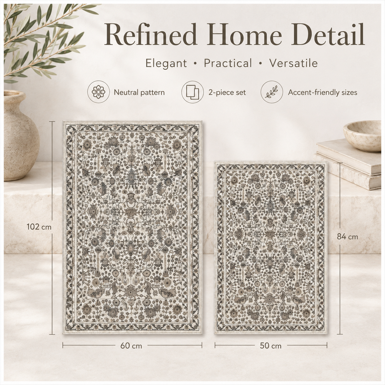 2-Piece Accent Persian Carpet Set–Charcoal Grey and Ivory-50x84cm-60x102 cm