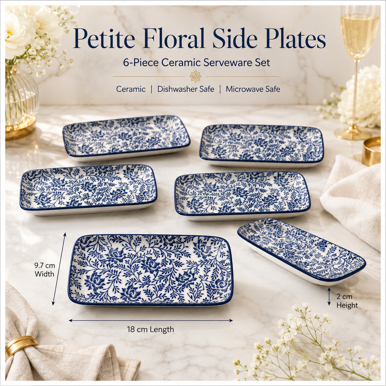 6-Piece Navy Floral Ceramic Side Plates for Luxe Hosting and Everyday Style