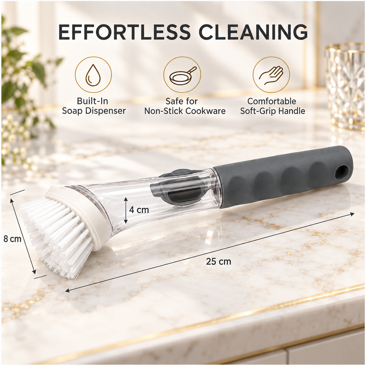 Essential Soap-Dispensing Dish Brush with Soft-Grip Handle – Grey