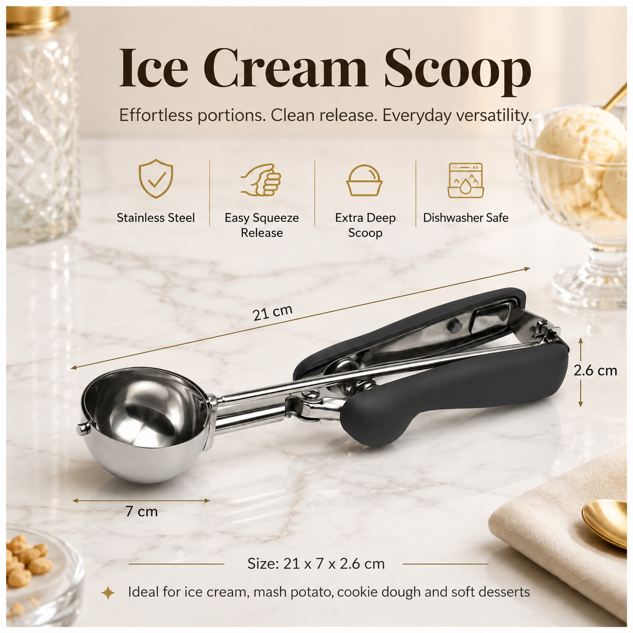 Stainless Steel Trigger Ice Cream-Cookie Scoop with Easy Release