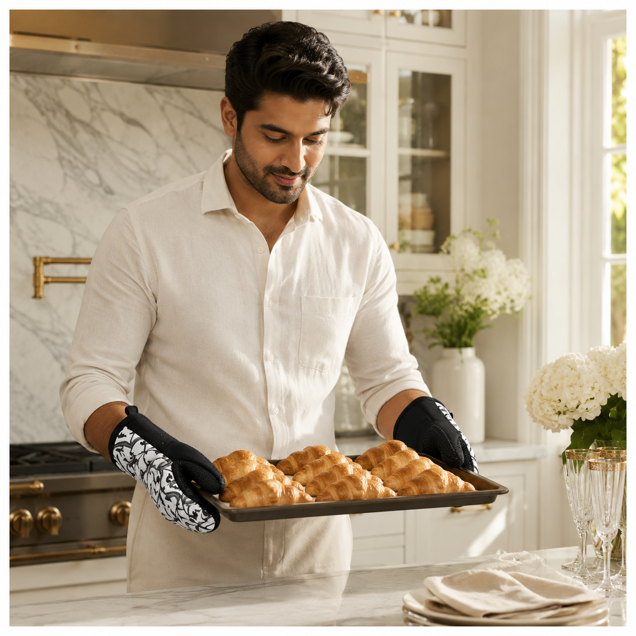Non Slip 2-Piece Heat-Resistant Silicone Oven Mitt Set with Cotton Lining