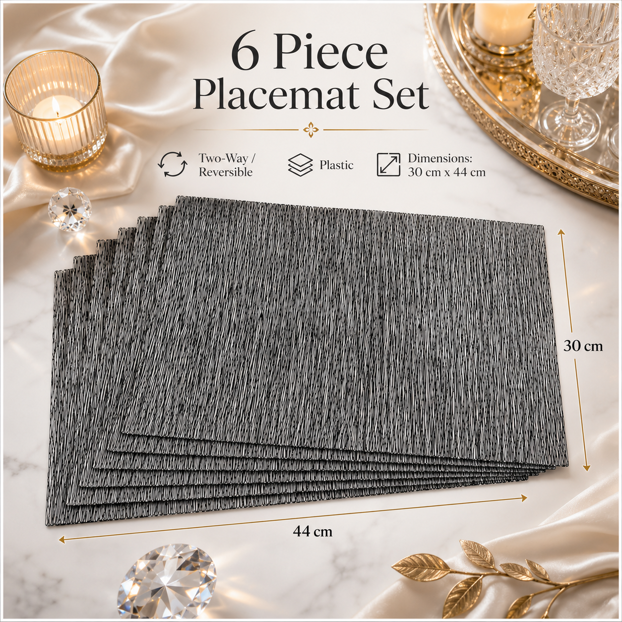 6-Piece Reversible Black Textured Waterproof Placemats – Dining Table Mats