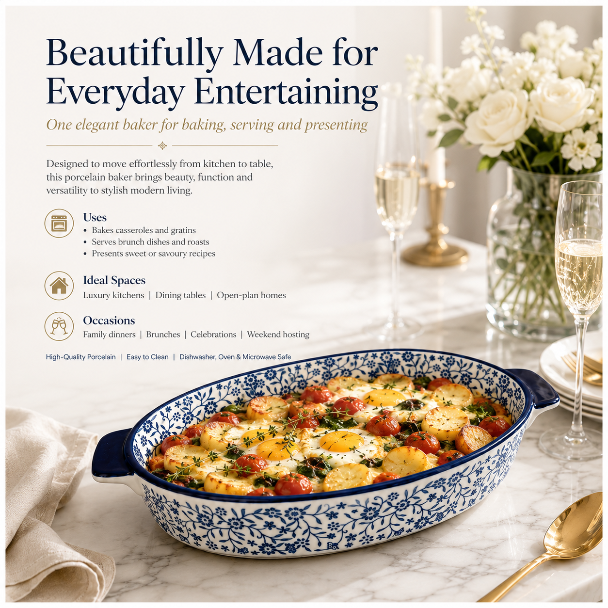 33cm Blue Floral Porcelain Oval Baking Dish with Handles
