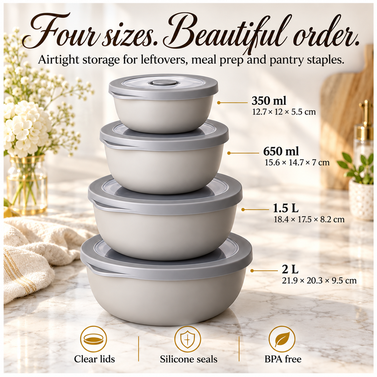 Airtight Round Food Storage Container Set of 4 – Grey, Clear Lids, BPA-Free