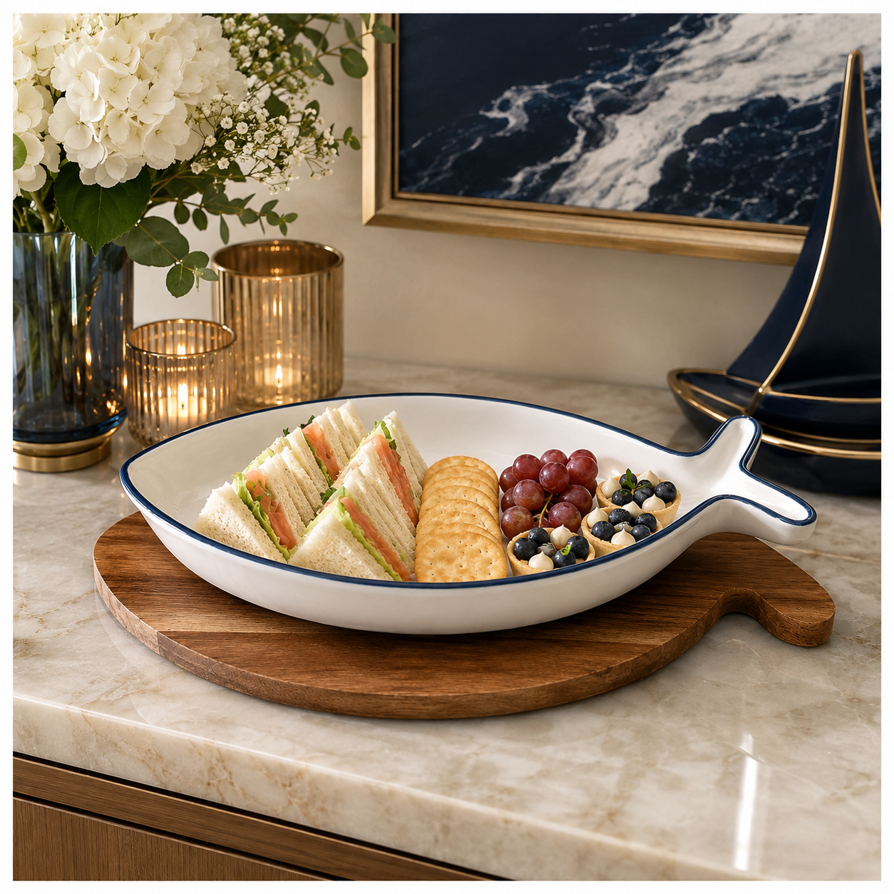 Fish Shaped Snack Serving Platter with Wooden Tray – Ceramic & Acacia Wood Serveware Set