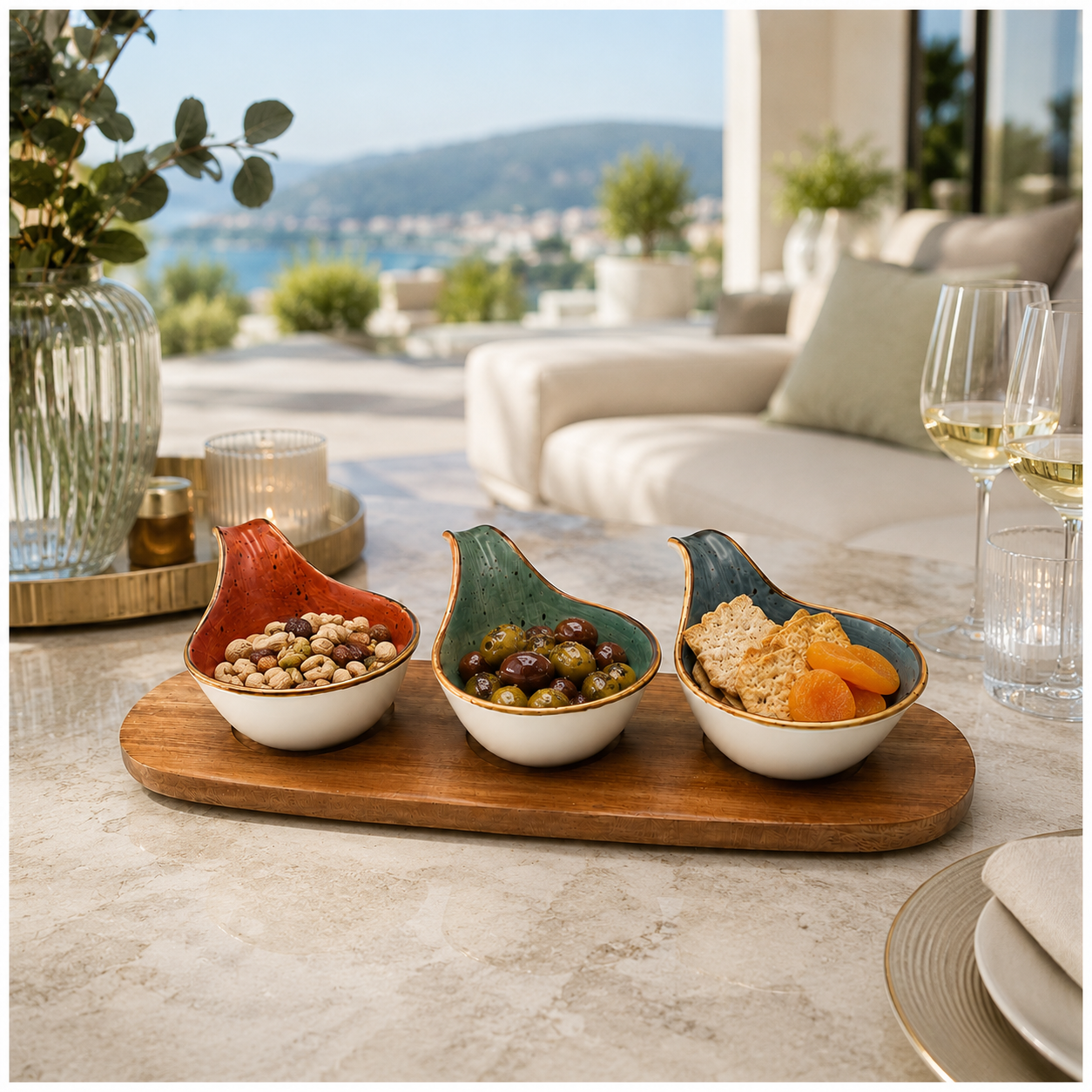 Elegant 3-Piece Ceramic Snack Bowl Set with Acacia Wood Serving Board