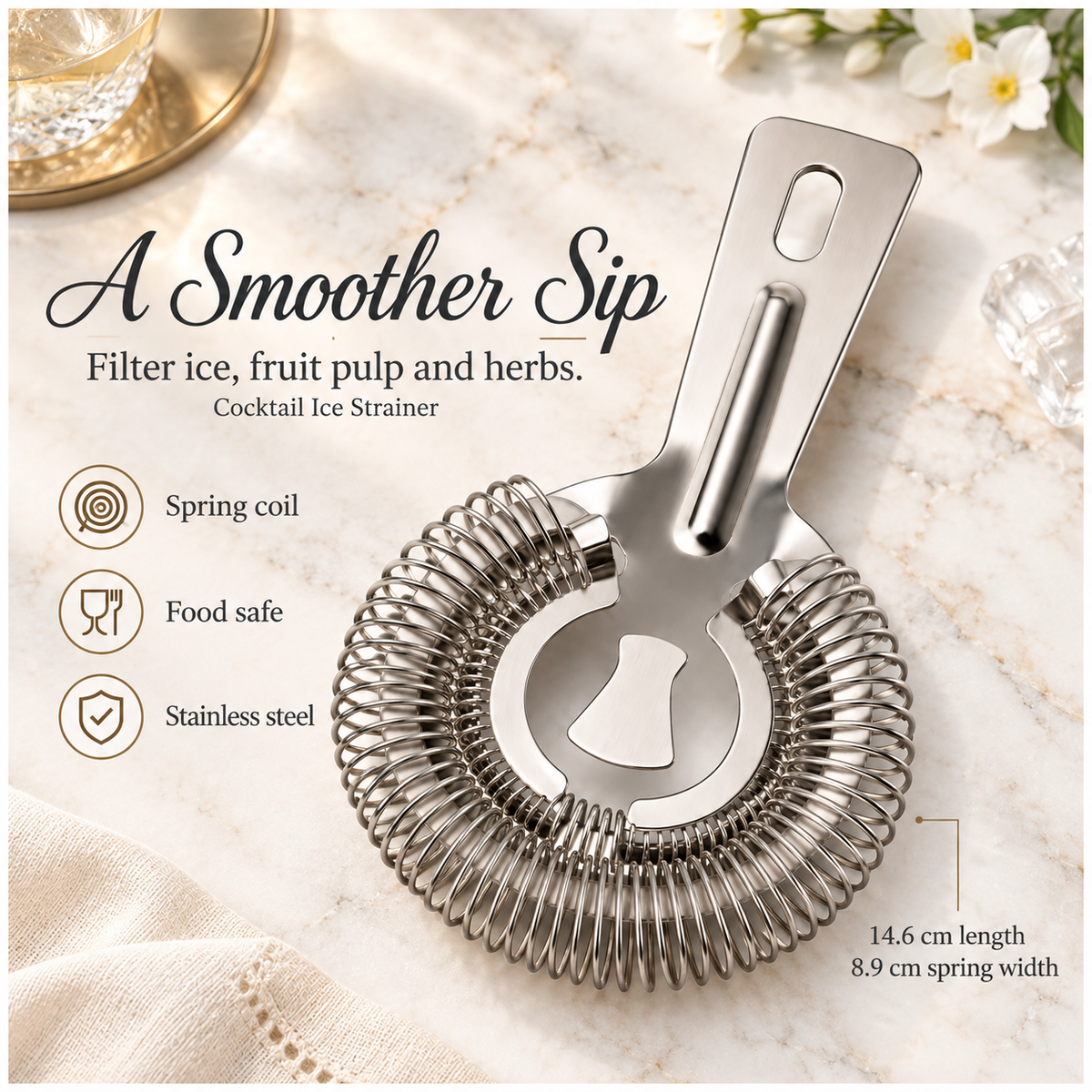 Stainless Steel Cocktail Ice Strainer - Silver Spring Coil - 14 cm