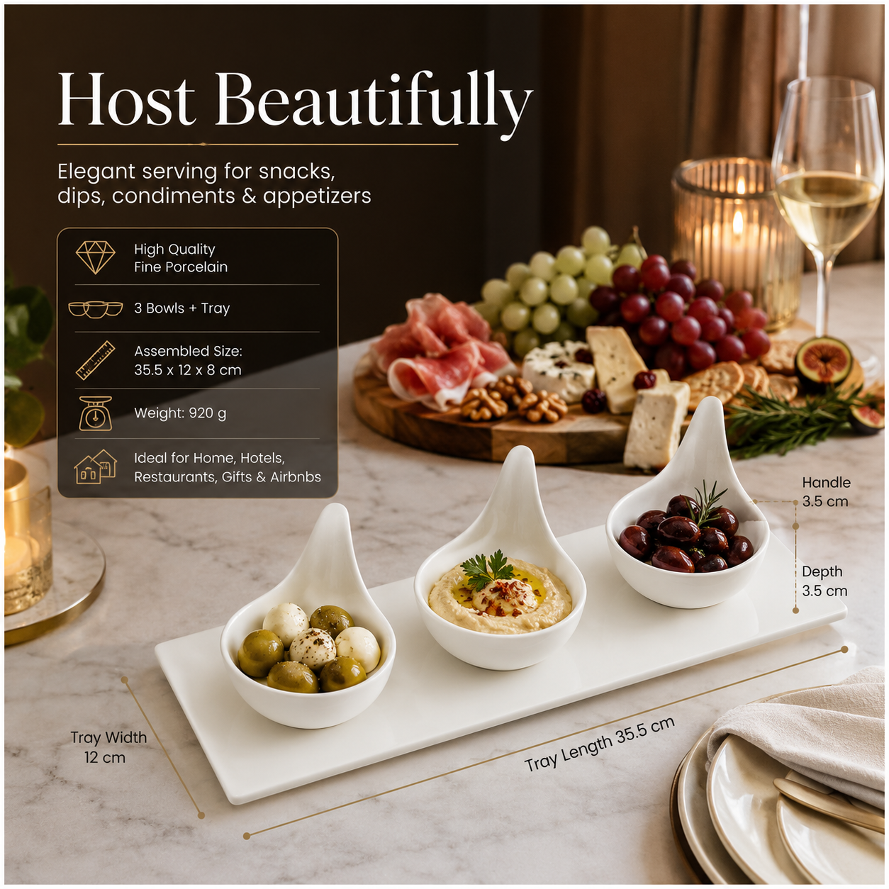 Luxury 3-Piece High Quality Fine Porcelain Serving Bowl and Tray Set- White