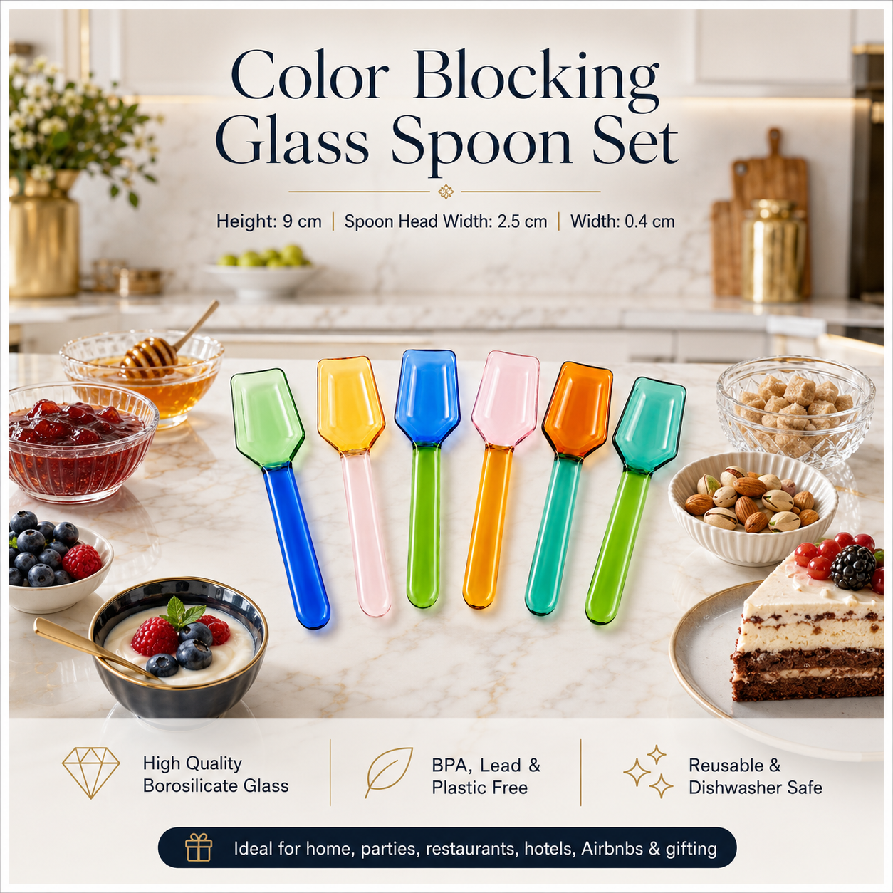 High Quality BPA Free-Color Blocking Borosilicate Glass Spoon-Set of 6- 9cm