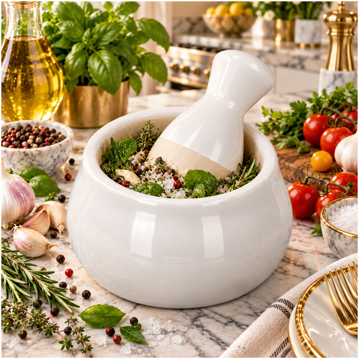 Mini Ceramic Mortar and Pestle Set - White Cream - Herb and Spice Grinder