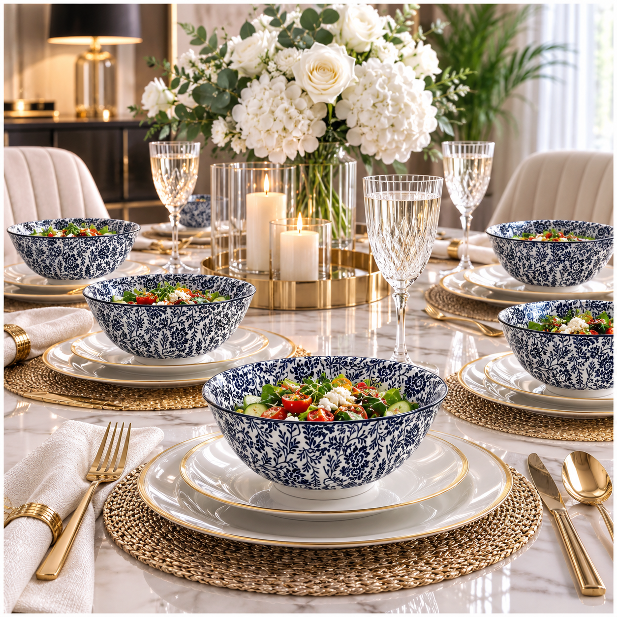Elegant 5-Piece Blue Floral Fine Porcelain Bowl Set – Fine Dining - 16 cm