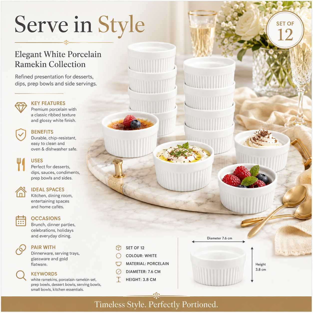 White Porcelain Ramekins Set of 12–Classic Ribbed Dessert and Baking Bowls