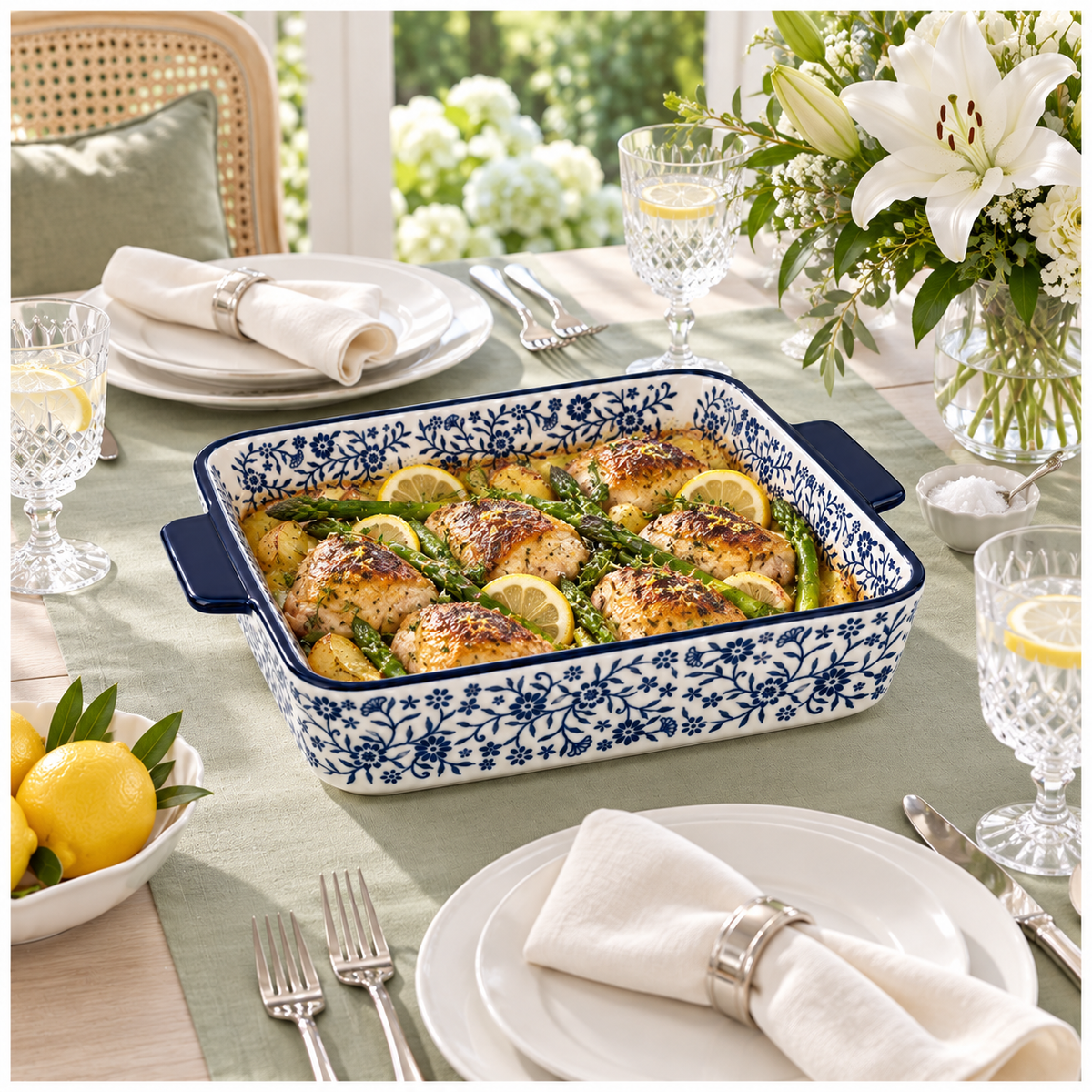 Elegant Blue and White Floral Porcelain Baking Dish with Handles - 29.5cm