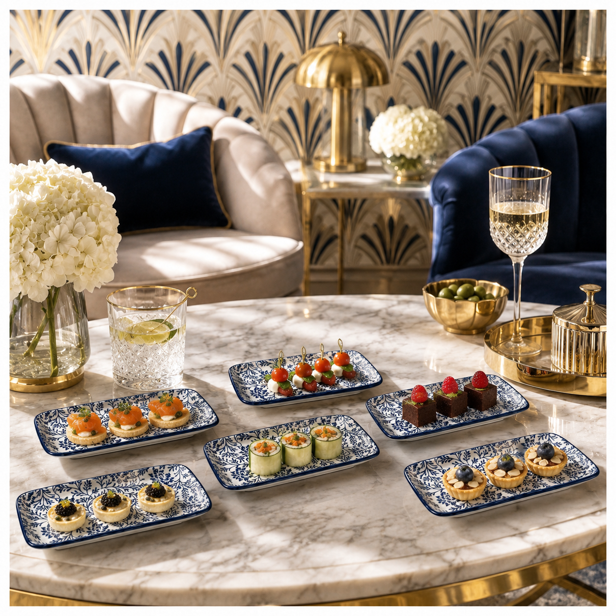 6-Piece Navy Floral Ceramic Side Plates for Luxe Hosting and Everyday Style