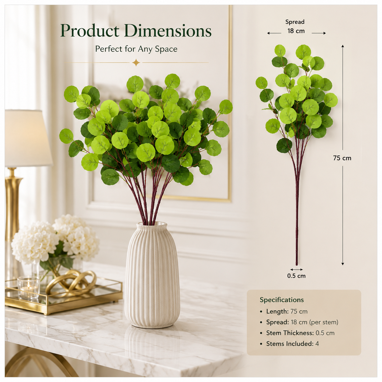 4-Piece Artificial Dollar Tree Eucalyptus Stem Set – 75 cm - Green