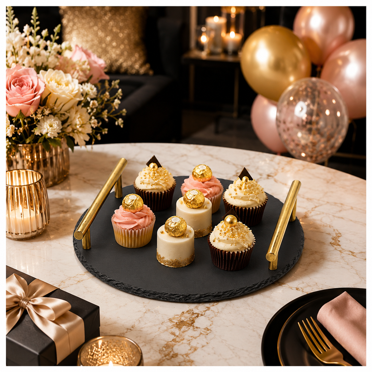 Midnight Slate Round Serving Tray With Metallic Gold Handles