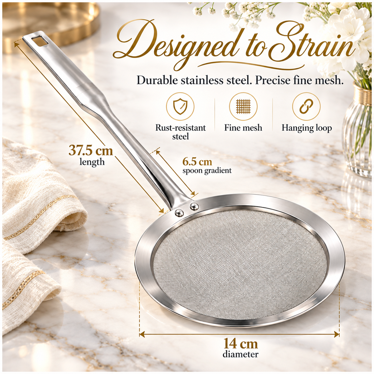 Stainless Steel Fine Mesh Strain Skimmer with Long Flat Handle – Silver