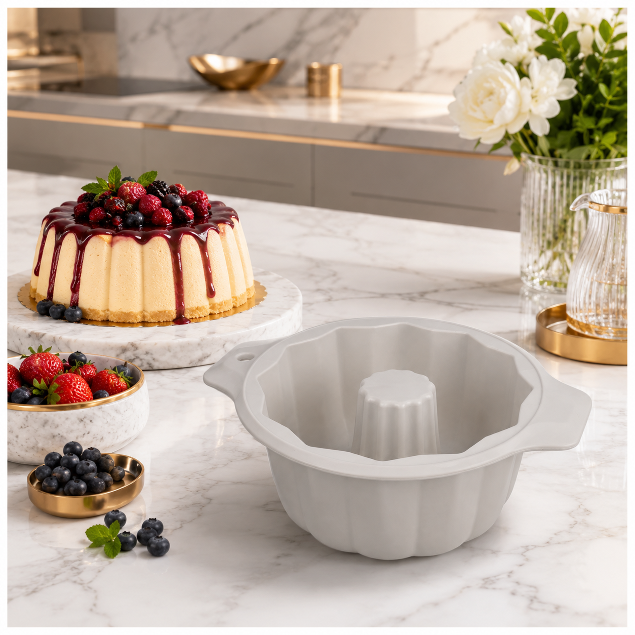 BPA Free Professional Silicone Cake Mould – Stone White Round Bundt Mould