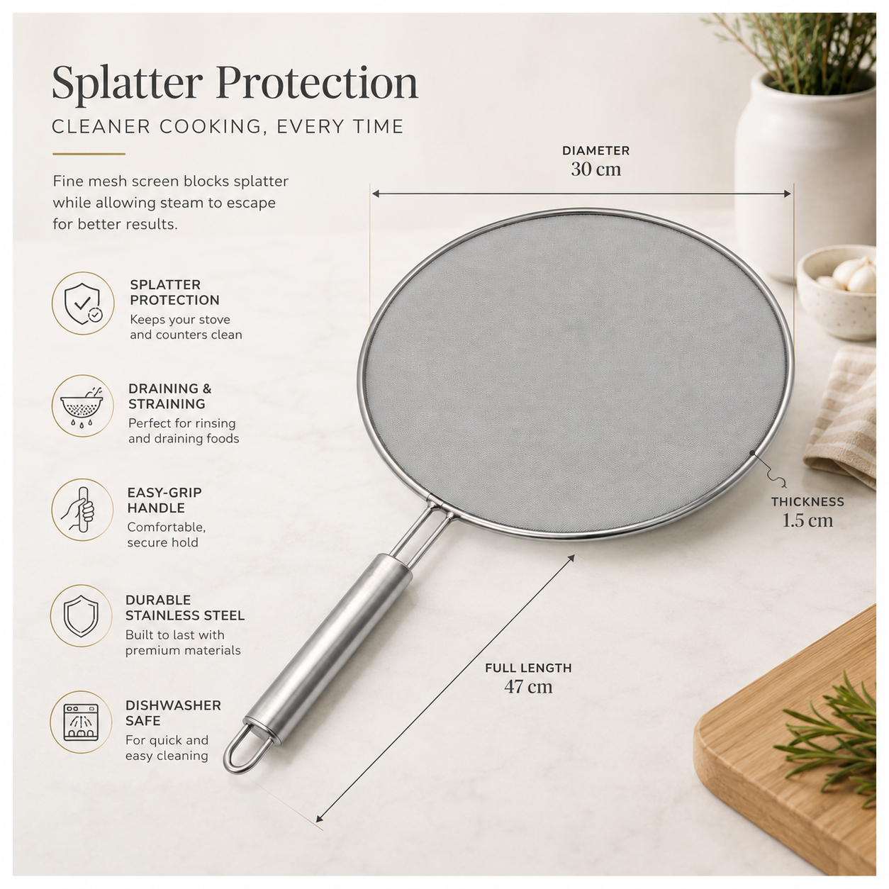 30cm Stainless Steel Splatter Screen with Easy-Grip Handl