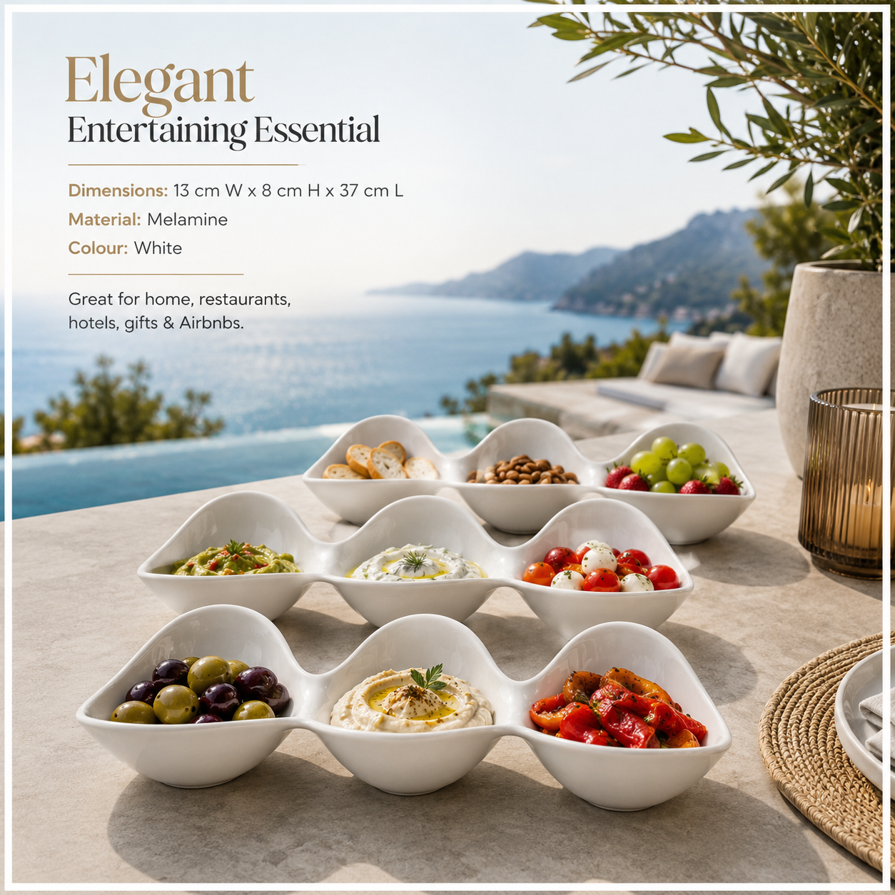 3-Piece White Melamine Triple Bowl Serving Set – 3 x 3-Compartment Bowls
