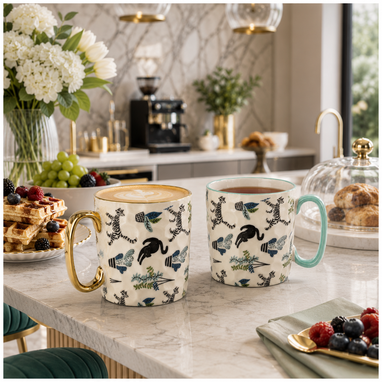 2-Piece Textured Porcelain Coffee Mug Set – 310ml Floral Cat Design