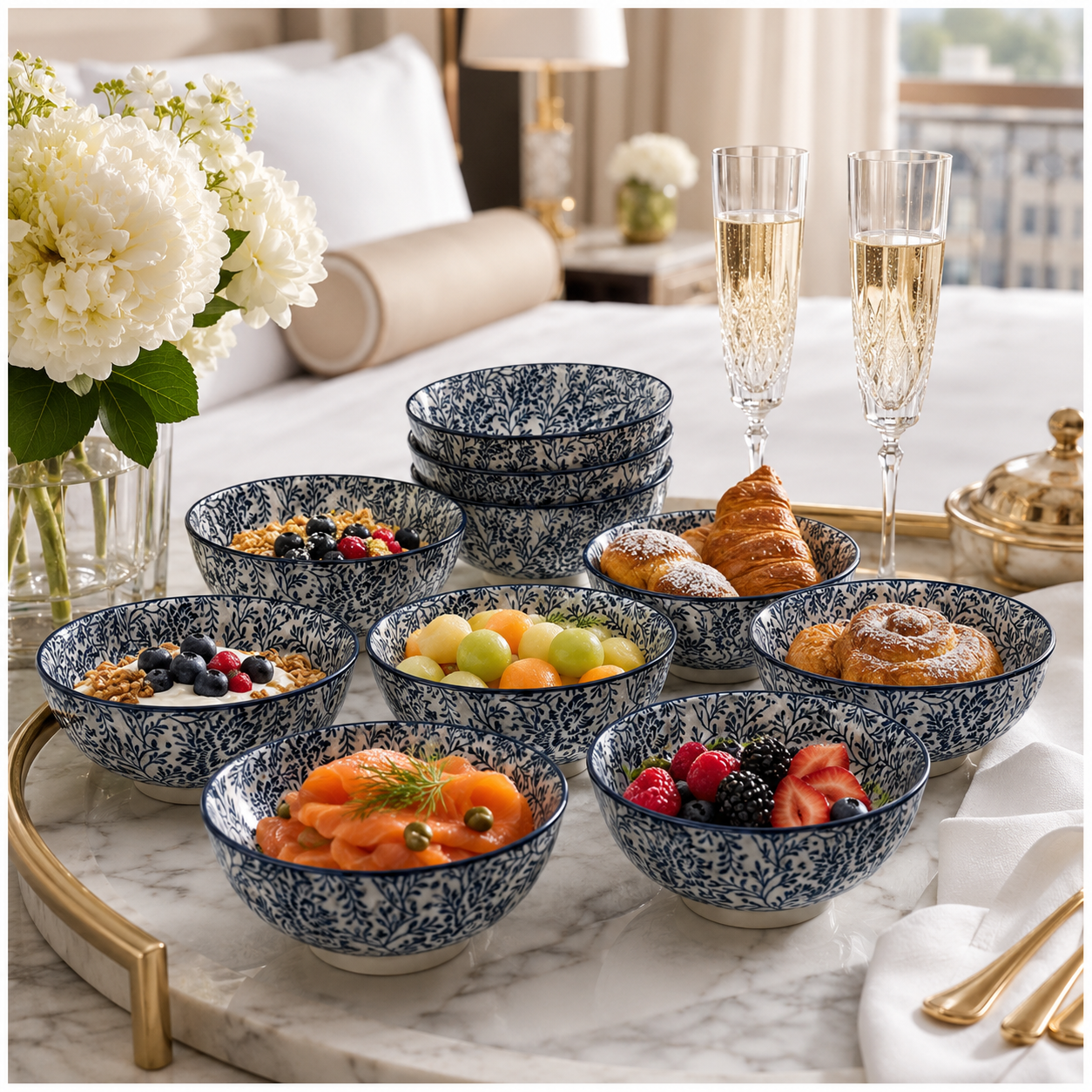 Elegant 8-Piece Blue Floral Porcelain Bowl Set – 13 cm