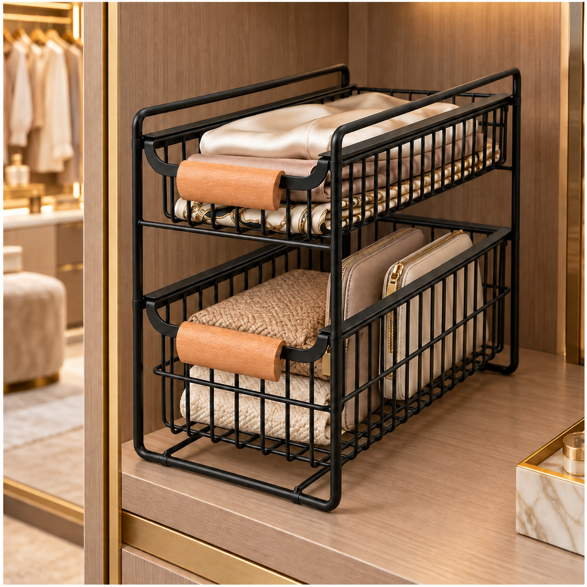 2-Tier Iron Drawer Organiser with Beechwood Handles for Convenient Storage