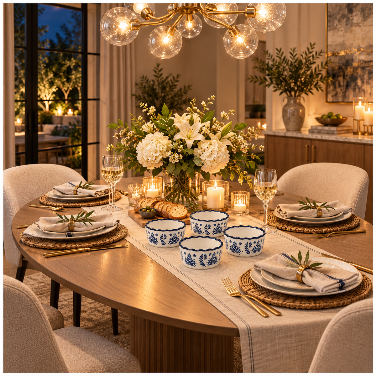 Elegant Navy Botanical Porcelain Sauce Bowls – Set of 4 Floral Bowls