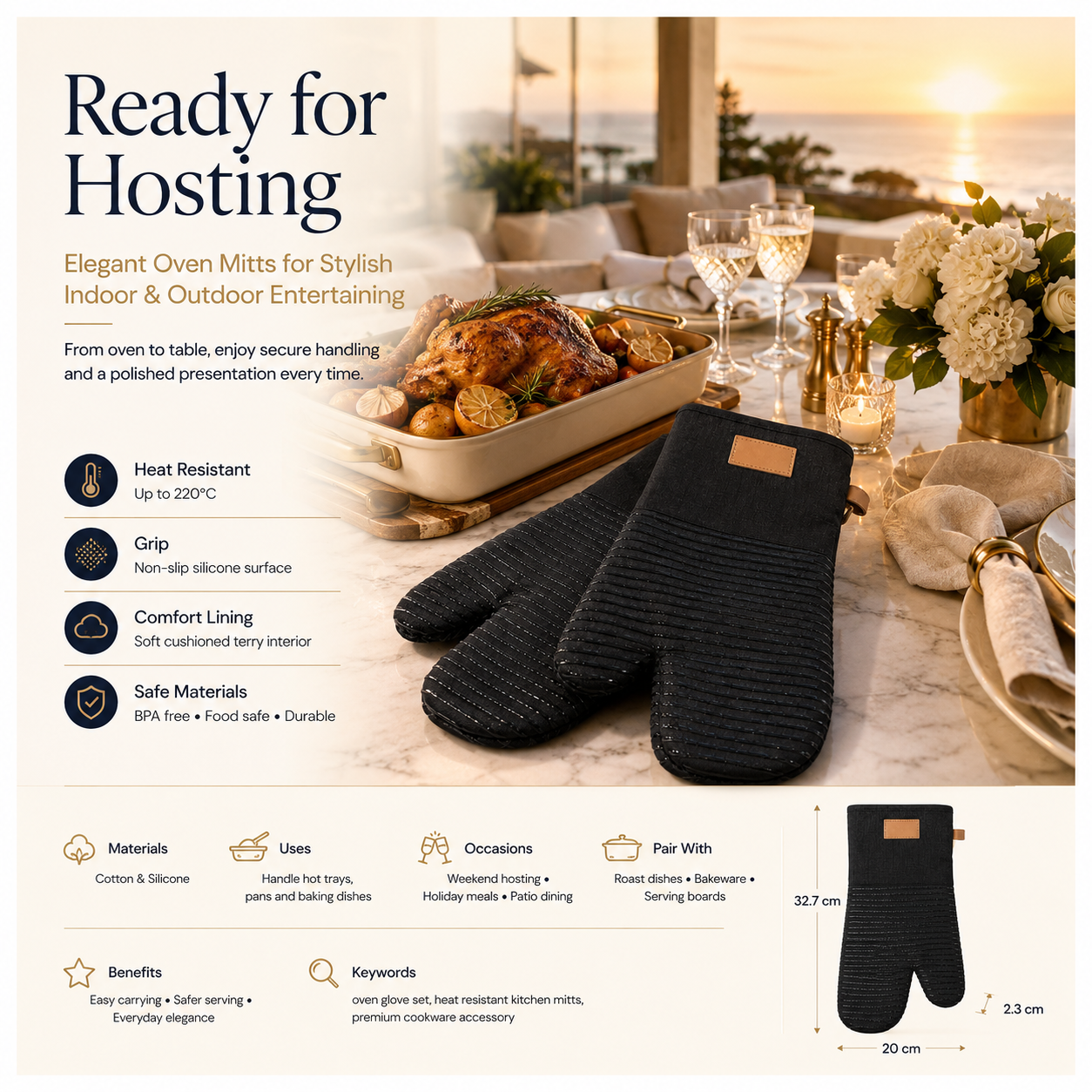 BPA Free -Heat Resistant Cotton Silicone Oven Mitts -Double Padded-Non Slip