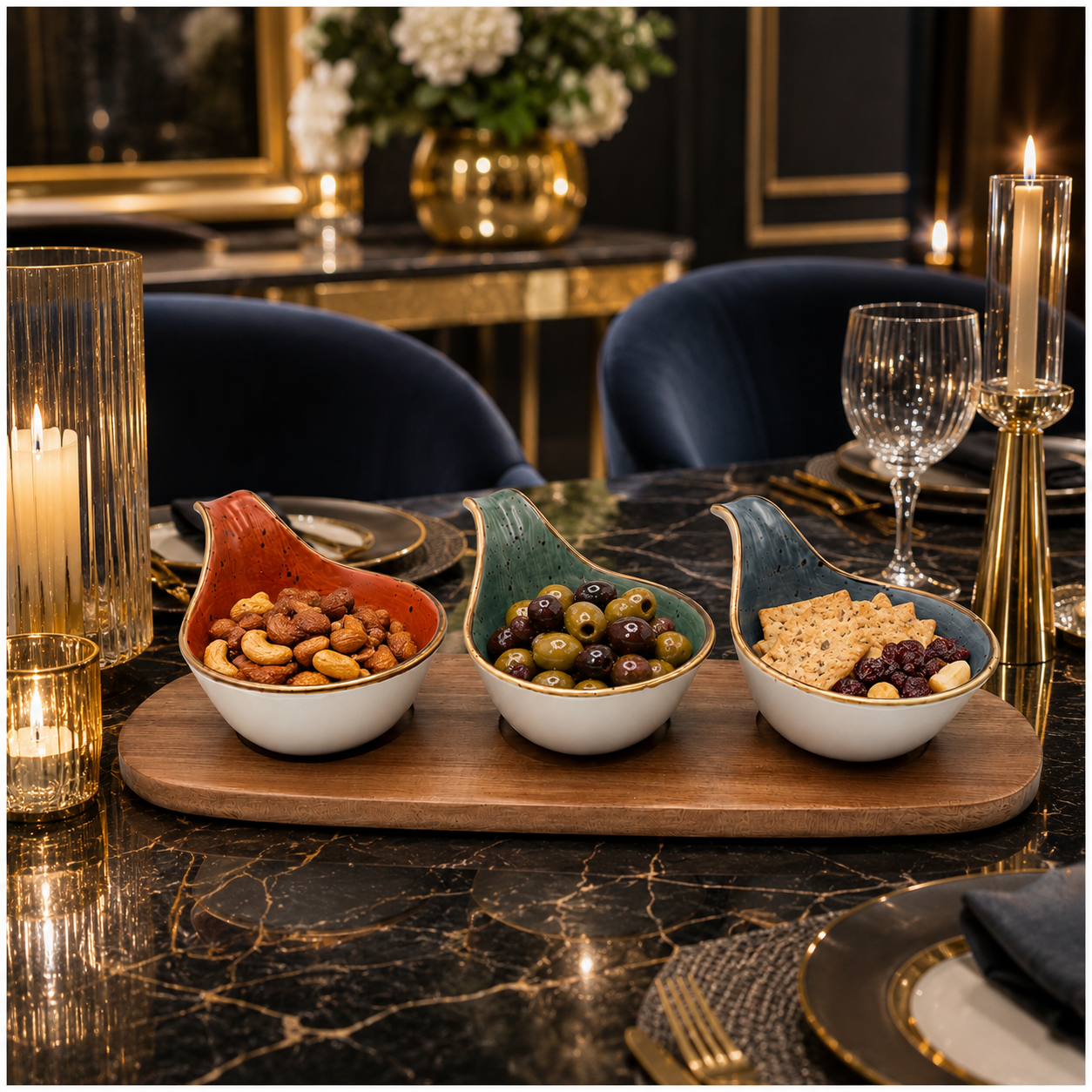 Elegant 3-Piece Ceramic Snack Bowl Set with Acacia Wood Serving Board