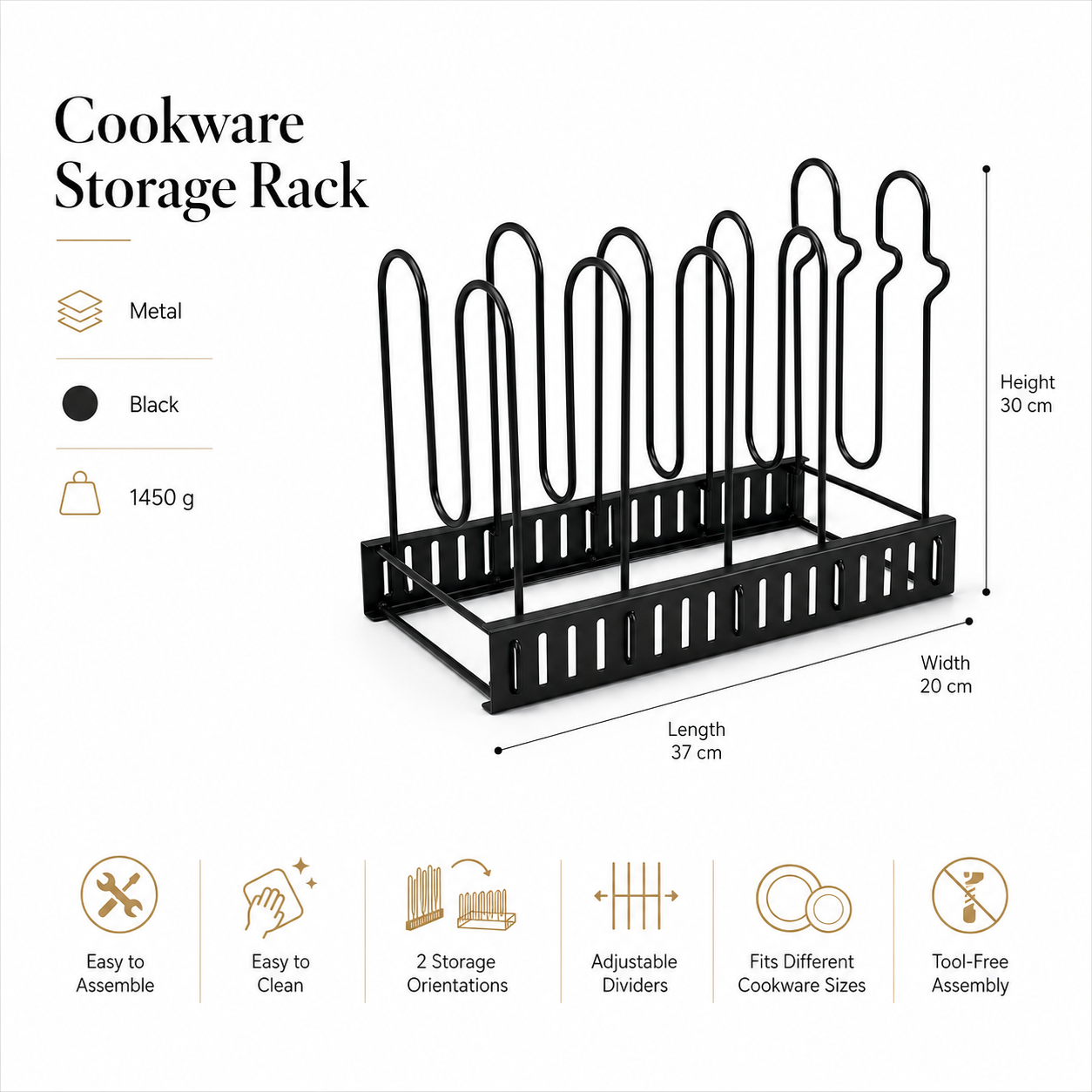 Essential Black Metal Adjustable Cookware Storage Rack-Cookware Organizer