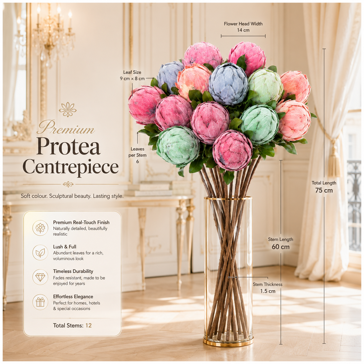 Protea Statement Bouquet – Luxury High End 12-Stem Decorative Arrangement