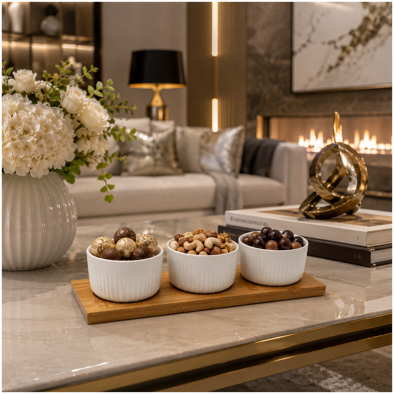 Elegant 4 Piece Bamboo Tray and Ceramic Pastry Bowls -Classic Serveware Set