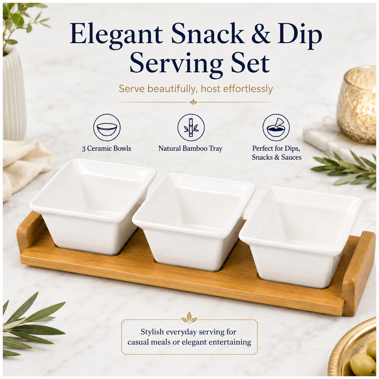 4 Piece Beauitiful Ceramic Snack Bowl Set with Wooden Serving Board- 34 cm