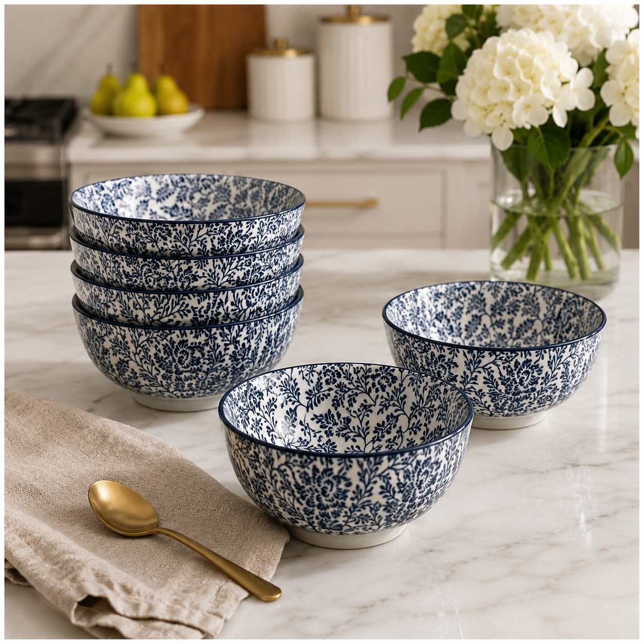 Elegant 8-Piece Blue Floral Porcelain Bowl Set – 13 cm