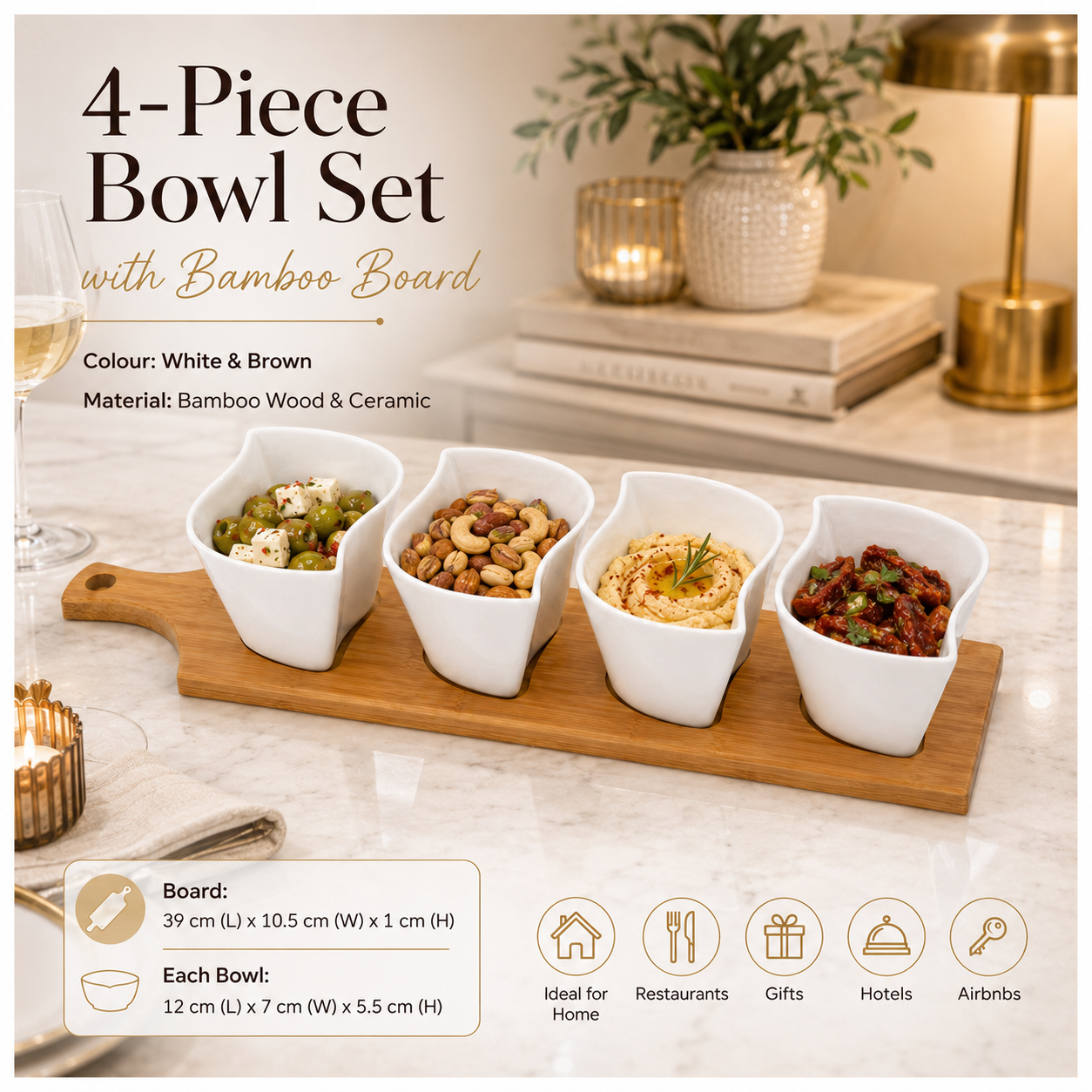 Elegant Ceramic Dipping Bowl Set with Bamboo Serving Paddle Board –